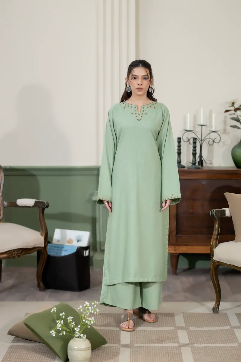 KW-104 Pista Green Marina 2 Piece Suit | Winter Dress Ladies Pakistan   Kawishh